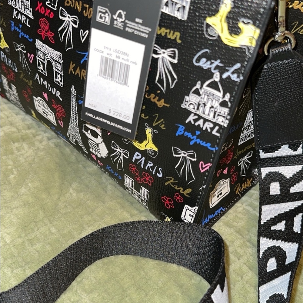Karl Lagerfeld Black Multicolor Paris Sketch Satchel with Logo Strap - Picture 3 of 4